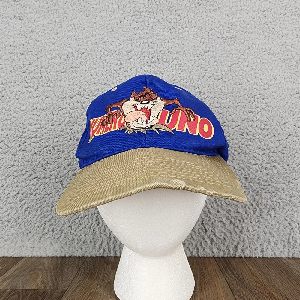Vtg 1996 Looney Tunes Taz Snapback Hat Blue‎ Tan Fresh Caps USA Kids Distressed